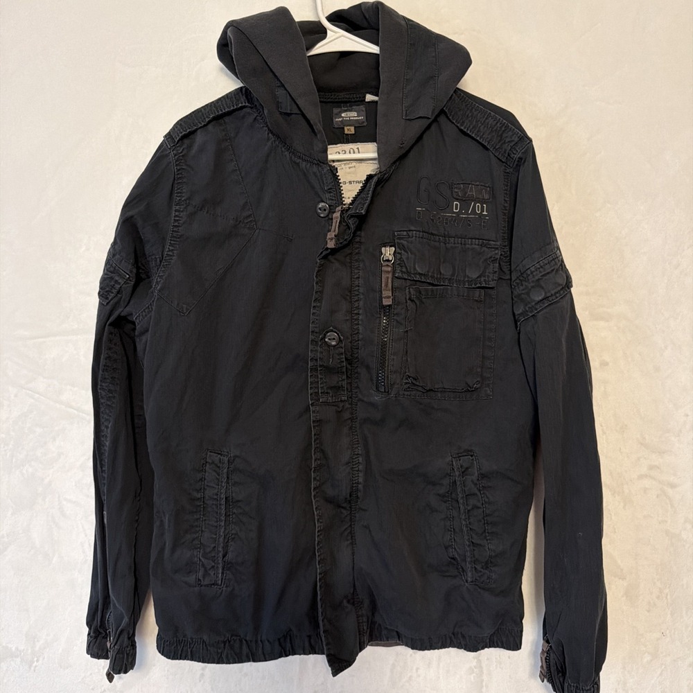 Vintage G Star Raw Squad Hooded Jacket Y2K 90s Men SZ XL Black Excellent